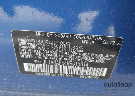 2022 Subaru Wrx Premium from USA, damaged, VIN JF1VBAF64N9013814